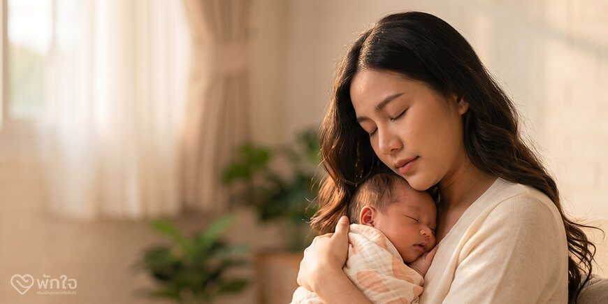 แม่ชาวไทยอุ้มกอดลูกแรกเกิดอย่างอ่อนโยนในห้องอบอุ่น ทั้งคู่หลับตาในช่วงเวลาเงียบสงบ — ภาพประกอบจากพักใจคลินิก