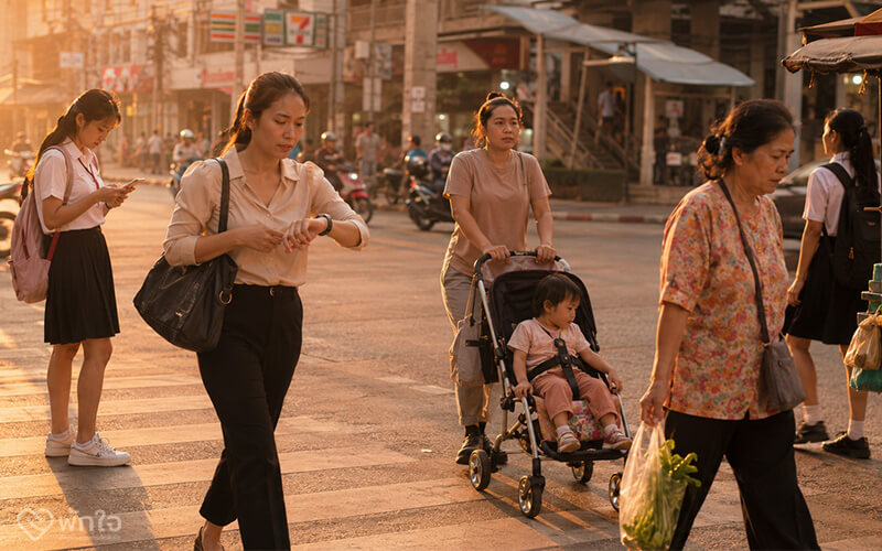 ผู้หญิงไทยหลายช่วงอายุกำลังข้ามถนนกรุงเทพในยามเย็น — นักเรียน สาวออฟฟิศ แม่ลูกอ่อน และผู้สูงวัย ภาพประกอบจากพักใจคลินิก