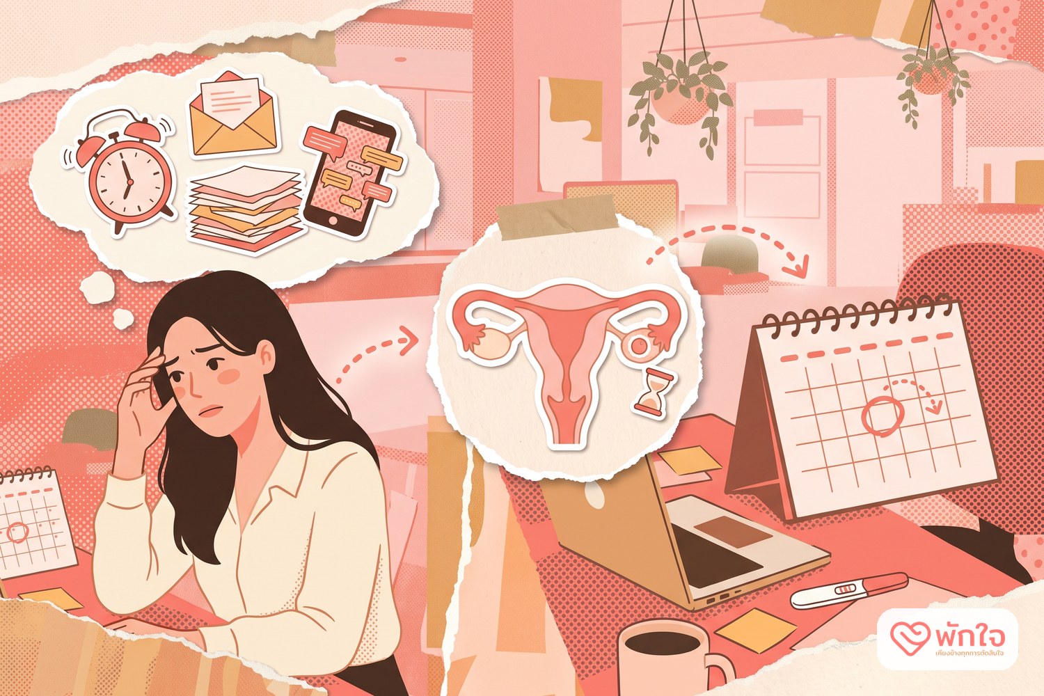 ภาพอธิบายความเครียดทำให้ไข่ตกช้า ประจำเดือนจึงเลื่อนออกไปในปฏิทิน