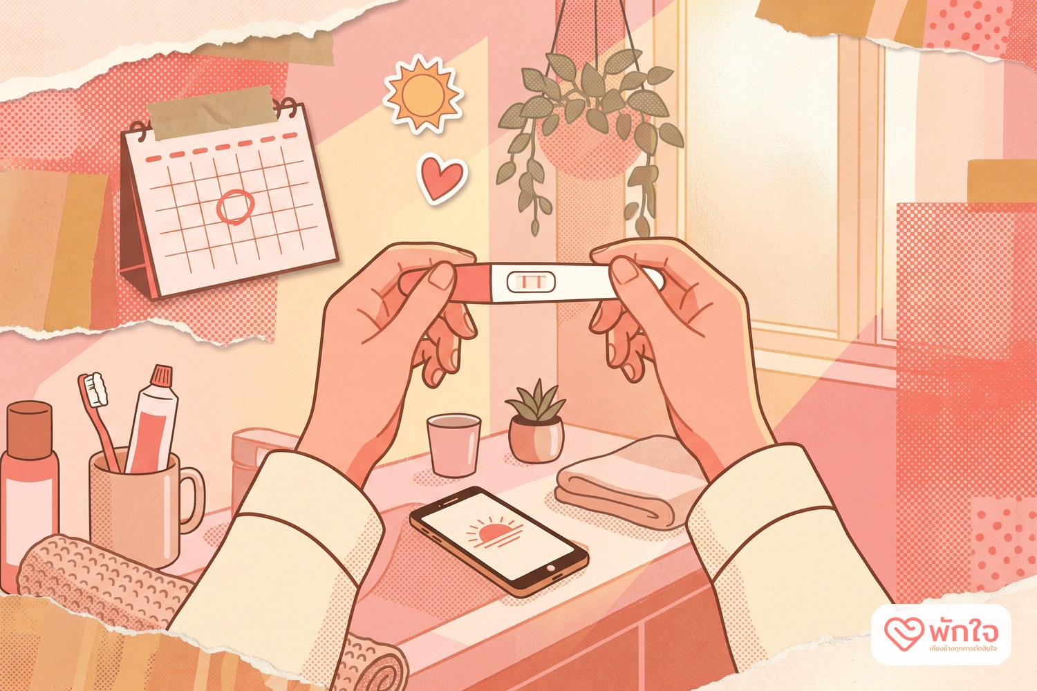 มือถือที่ตรวจครรภ์ตอนเช้าในห้องน้ำ ขึ้นสองขีด ขีดที่สองจาง